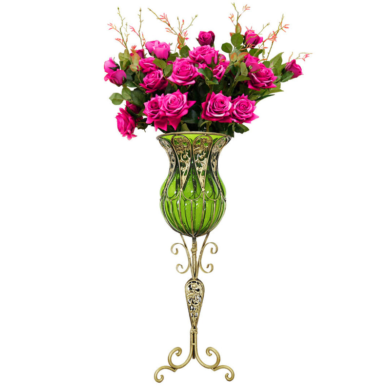 85cm Green Glass Floor Vase Gold Base With 12pcs Dark Pink Artificial Flowers