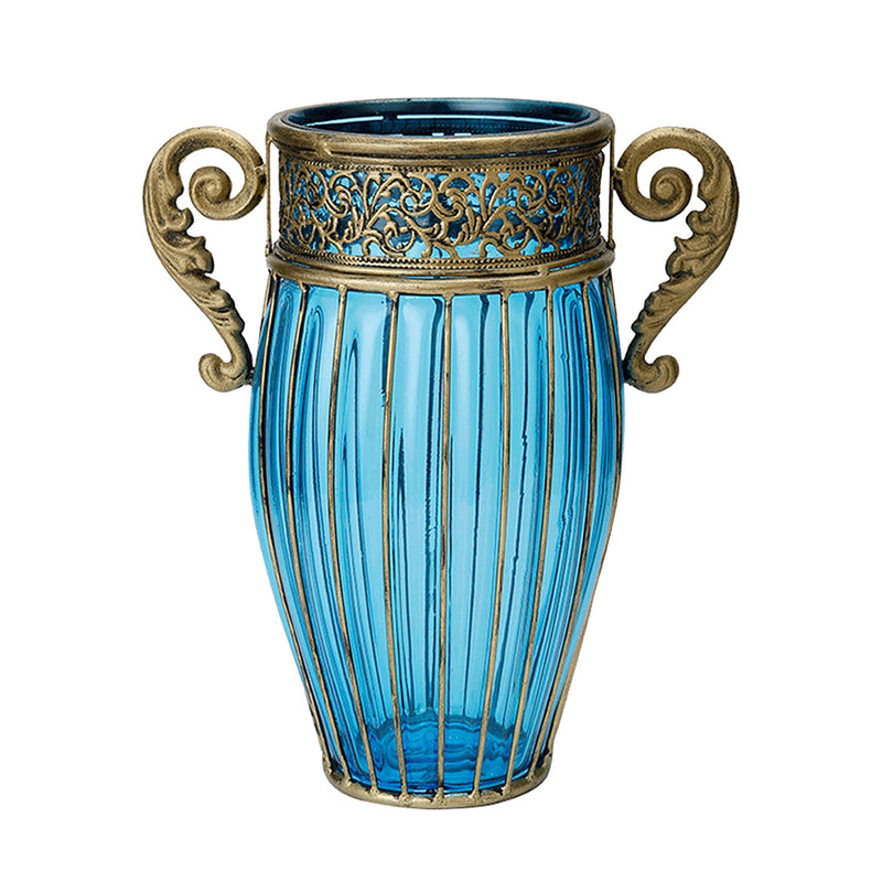 Blue Glass Flower Vase Two Gold Metal Handles 12x14x27cm European Decor
