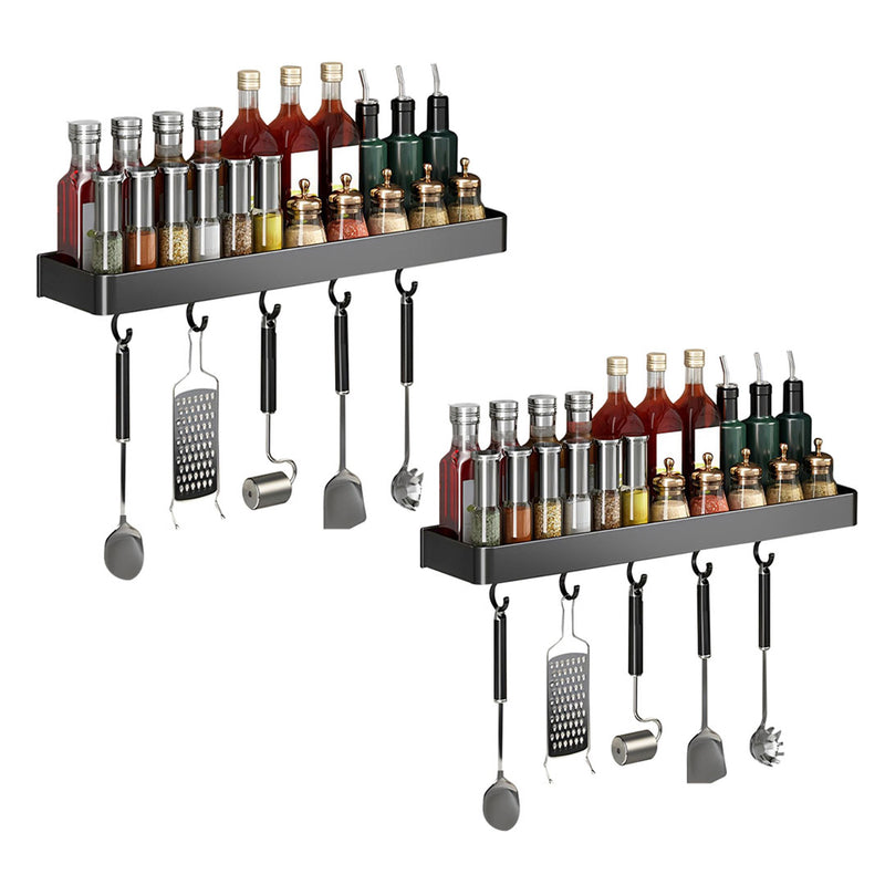 2X Wall Mounted Aluminum Spice Shelf Black 40cm With Hooks Space Saving Organiser