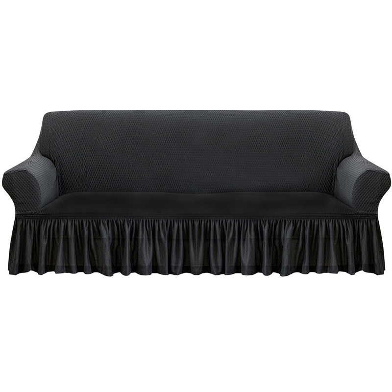 4-Seater Dark Grey Polyester Sofa Cover Ruffled Skirt High Stretch Protector