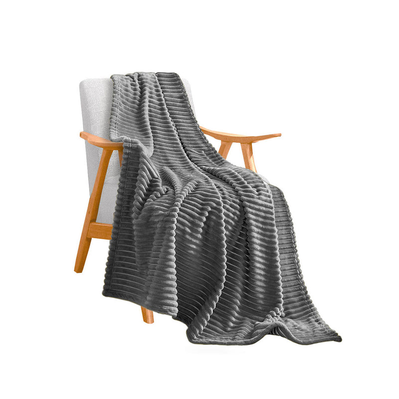 Grey Flannel Polyester Throw Blanket Warm Cozy Striped Lightweight Sofa Bed