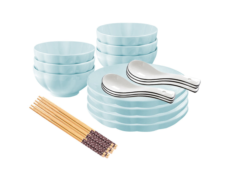 Light Blue Ceramic Dinnerware Bowls Plates 6 Inch 7 Inch Japanese Style Set of 10