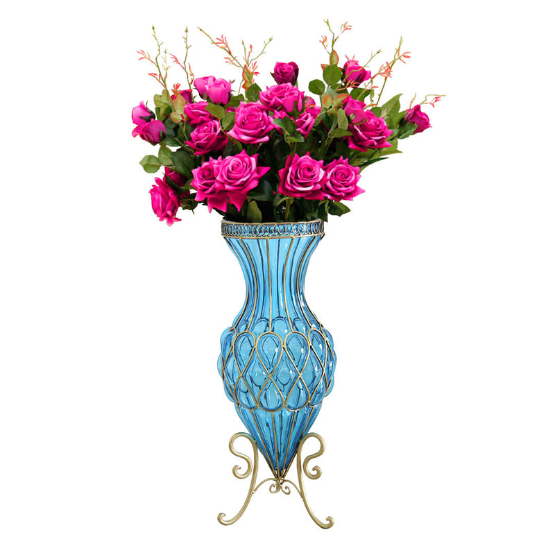 67cm Blue Glass Tall Floor Vase Gold Metal 12pcs Dark Pink Artificial Flowers