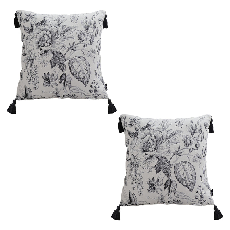 2X Throw Pillow Polyester Cotton 50x50x18cm Floral Print Tassel Black And White