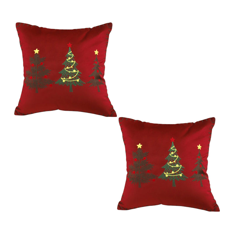 2X 45x45x14cm Burgundy Red Plush Throw Pillow Square Embroidered Christmas Trees