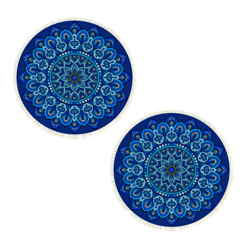 2X 90cm Round Mandala Polyester Rug Anti Slip Blue Living Room Bedroom
