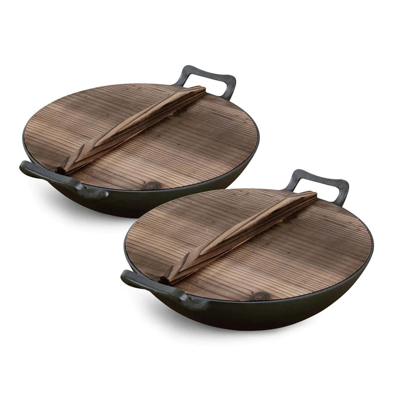 2X 36cm Cast Iron Fry Pan Pre Seasoned Non Stick With Lid Black