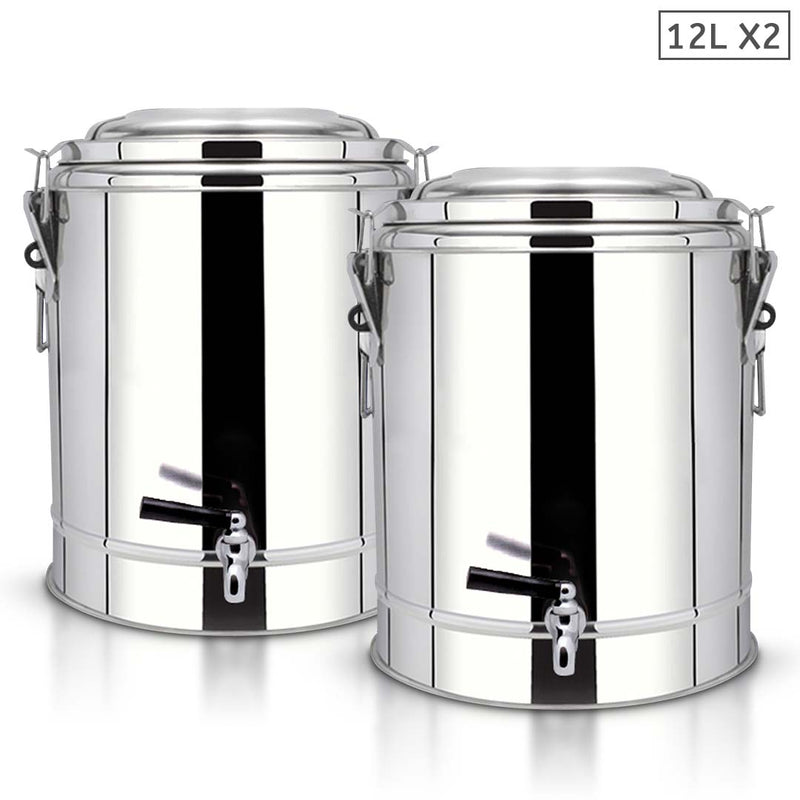 2X 12L 18/10 Stainless Steel Insulated Beverage Dispenser With Tap Hot Cold
