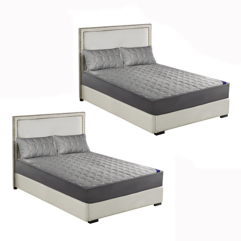 2X Polyester Mattress Protector 203x153x40cm Quilted Grey 4 Pillow Covers