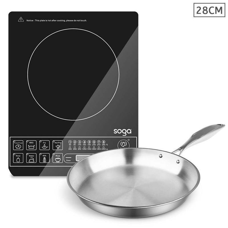 Portable Induction Cooktop 2000W 8 Levels Glass Top 28cm Stainless Steel Fry Pan