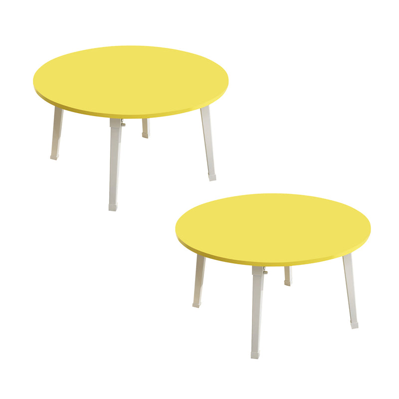 2X Yellow Round Portable Floor Table Particleboard Metal 60cm Space-Saving Desk