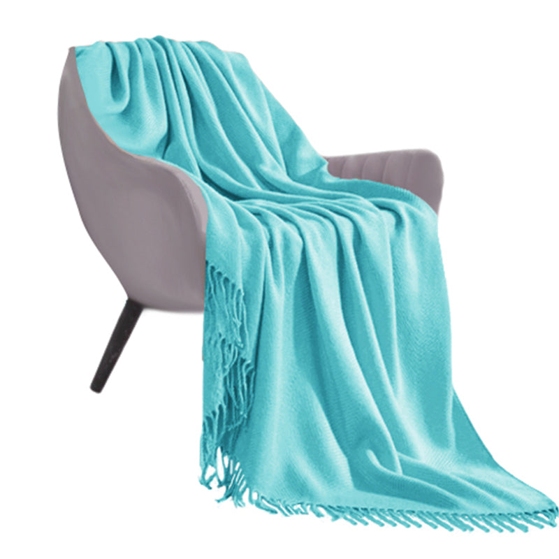 Teal Acrylic Knitted Throw Blanket Solid Fringed 130x220cm Cozy Home Decor