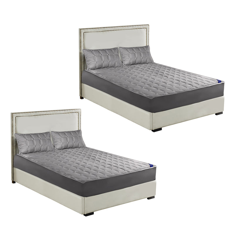 2X Grey 183cm Wide Quilted Polyester Mattress Cover Set with Pillow Covers