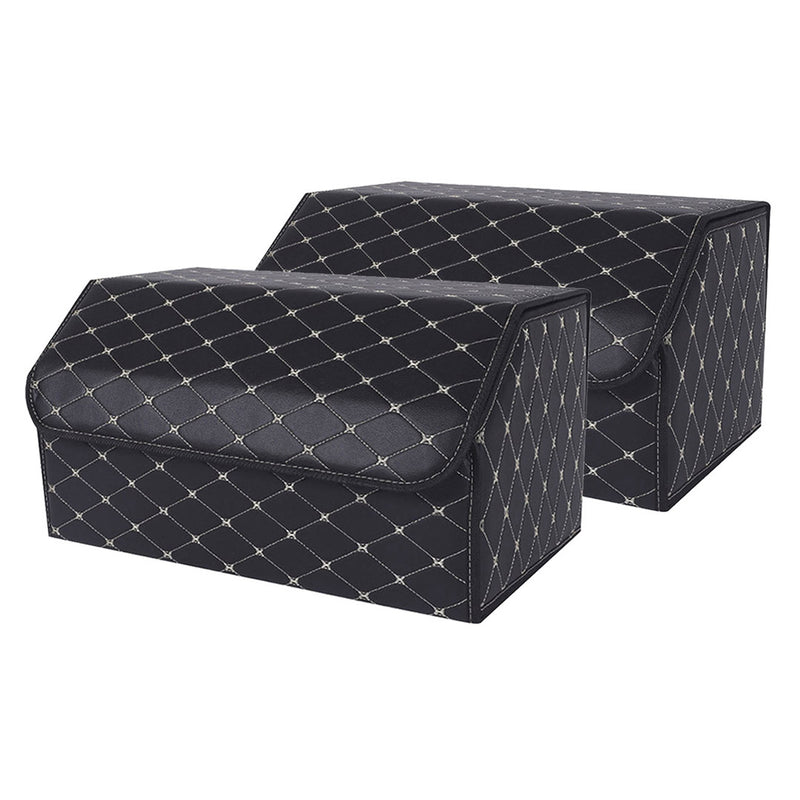 2X Leather Car Boot Organizer Large 55x30x30cm Collapsible Black Gold Stitch