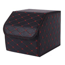 Leather Car Boot Organizer 30x30x30cm Collapsible Foldable Black Red Stitch