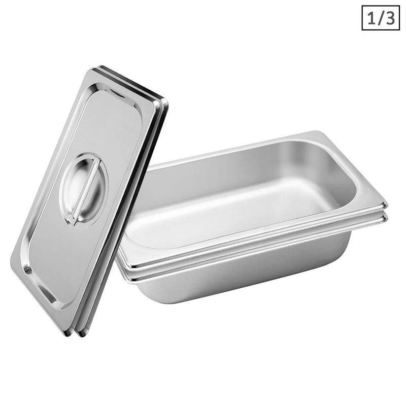 2X 1/3 GN Stainless Steel Gastronorm Pan 33.4x18.2cm 6.5cm Deep With Lid