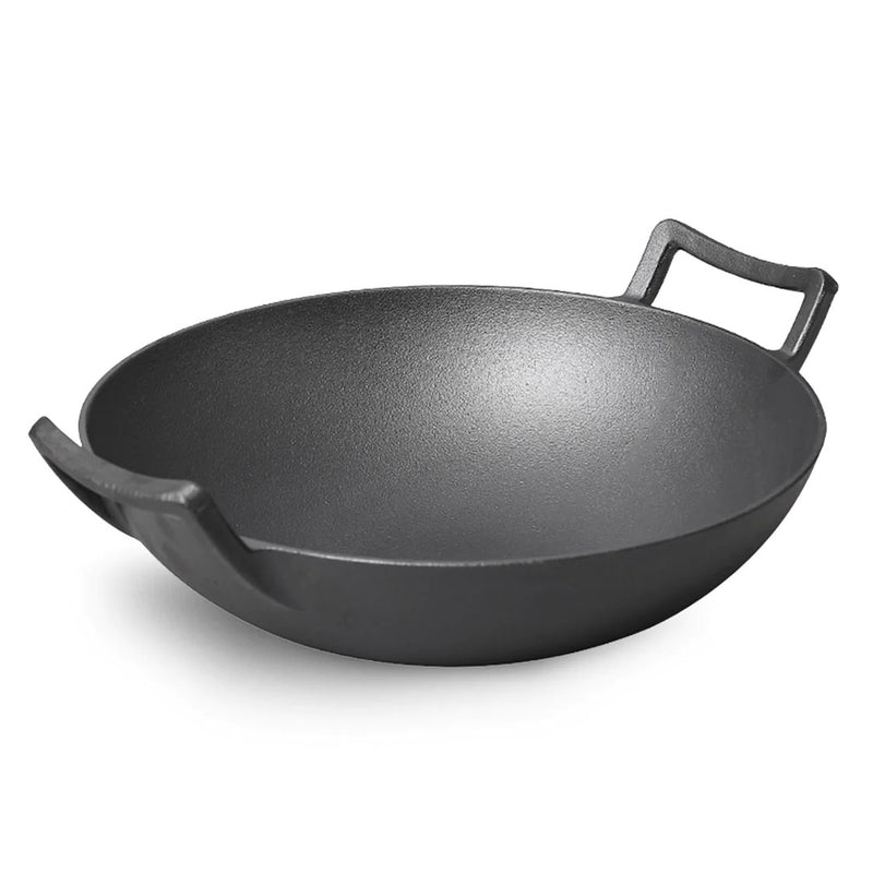 32cm Cast Iron Wok Frypan Double Handle With Lid Black Induction Oven Safe