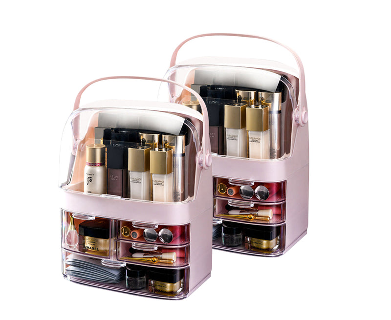 2X 3 Tier ABS Plastic Countertop Makeup Organizer Dustproof Lid Handle Pink