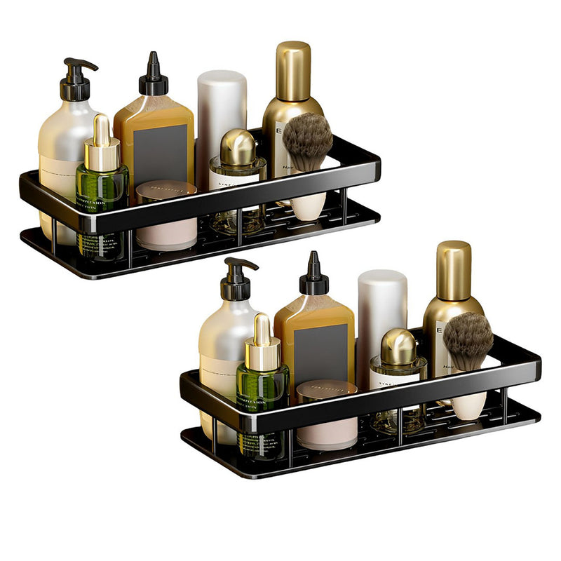 2X Black Aluminum Wall Mounted Bathroom Shelf Rack 34x16x6.5cm Adhesive