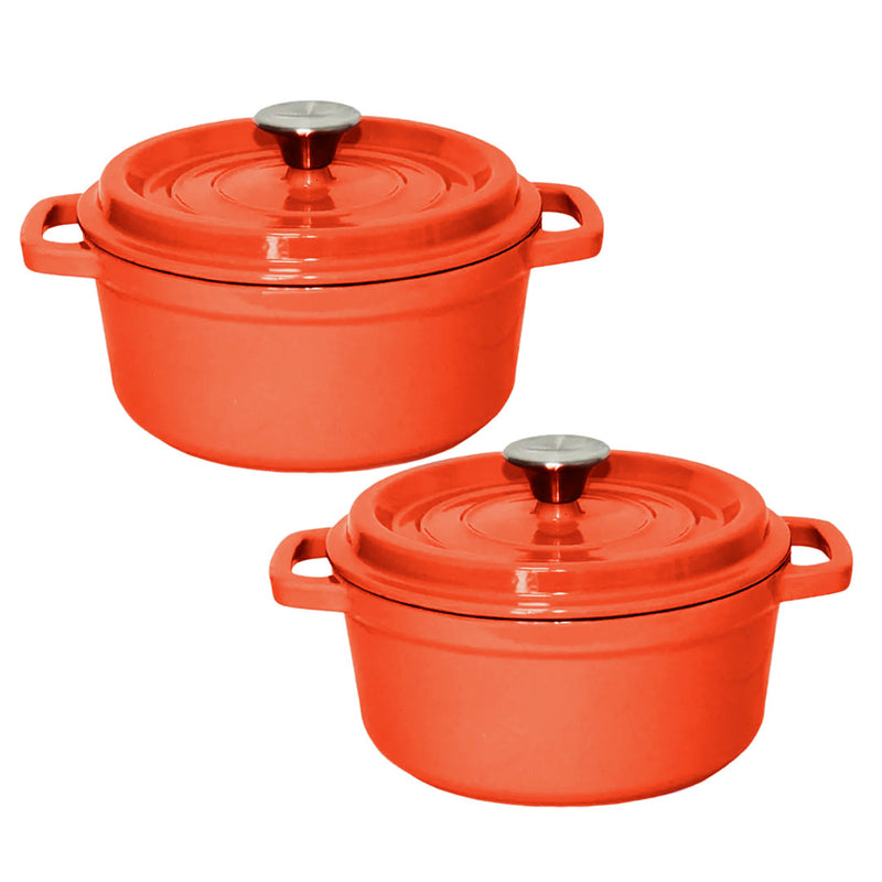 2X Cast Iron 26cm Enamel Casserole Stewpot With Lid Orange Dishwasher Safe