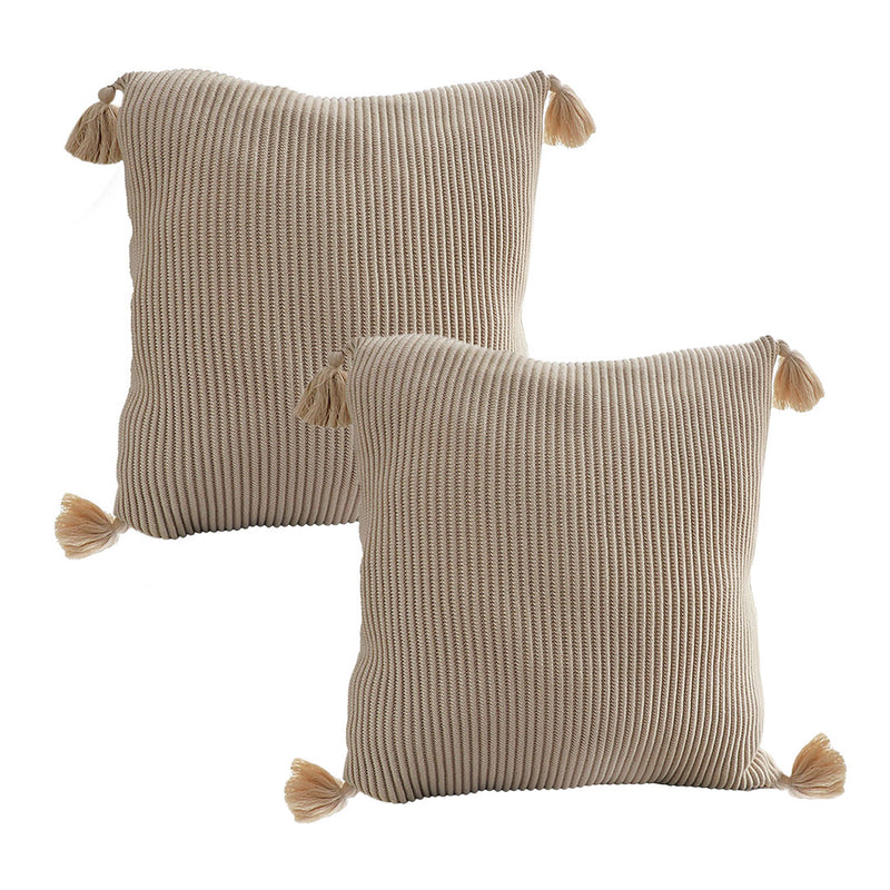 2X 45cm Square Velvet Throw Pillow Off White Striped Tassel Plush Cotton
