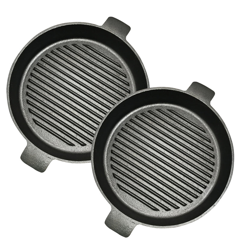 2X 25cm Round Ribbed Cast Iron Frying Pan Skillet Sizzle Platter with Handle