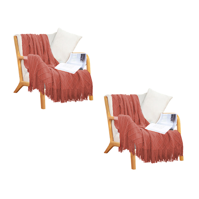 2X Red Knitted Acrylic Throw Blanket Jacquard Diamond Pattern Tassels