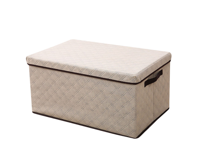 Small Beige Diamond Grid Non-Woven Fabric Storage Box With Lid 35x28x18cm