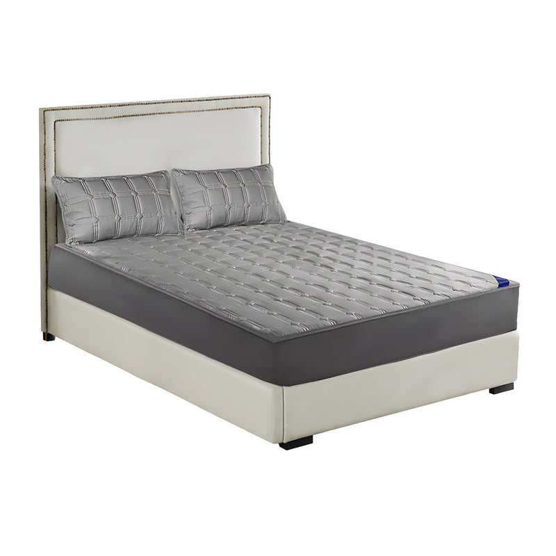 Grey Quilted Stretchable Mattress Cover 183cm Polyester With 2 Pillow Covers