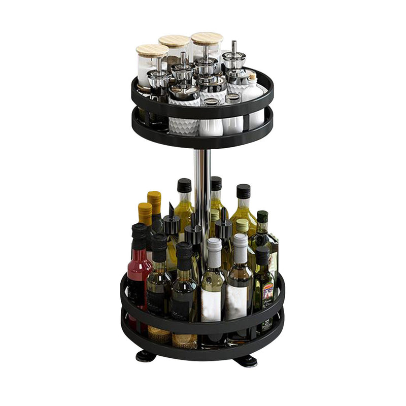 2 Tier Black Round Rotating Kitchen Spice Rack Carbon Steel Organizer Shelf