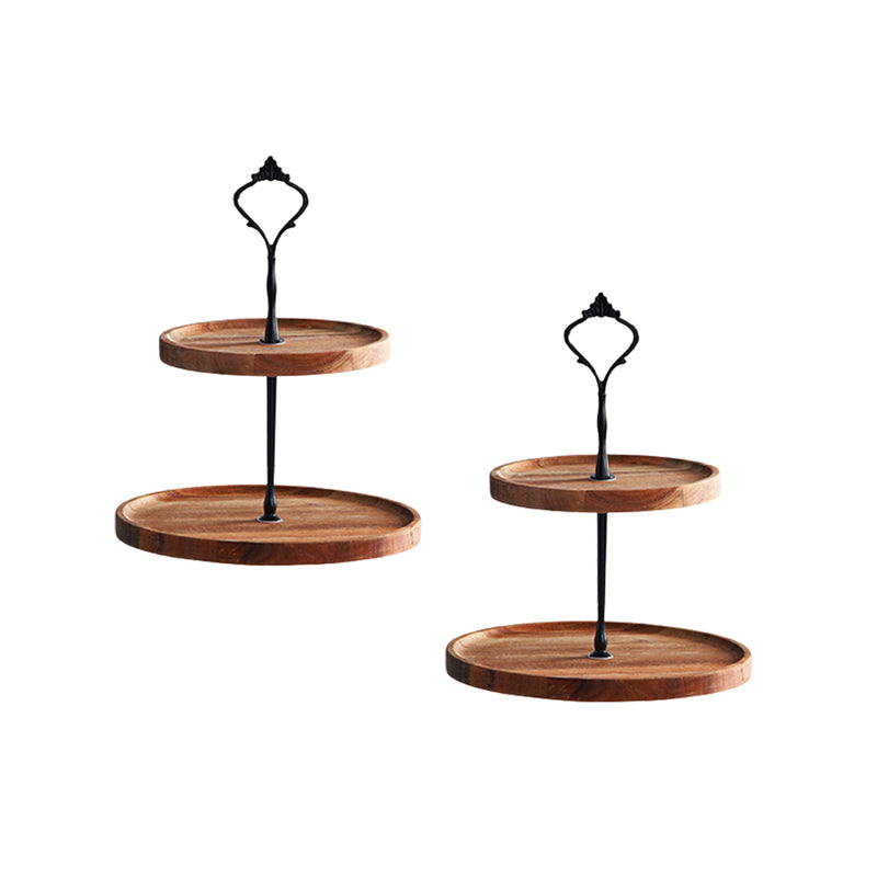2X 15cm 2 Tier Round Acacia Wood Dessert Stand Brown Metal Handle