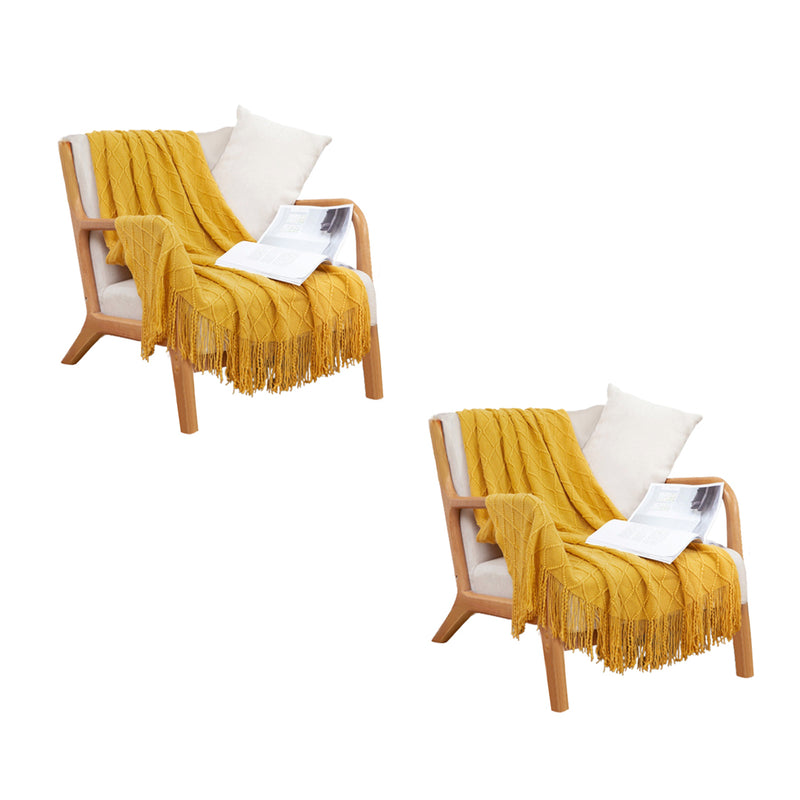 2X Knitted Throw Blanket 100% Acrylic 130cmx230cm Diamond Pattern Yellow Tassels