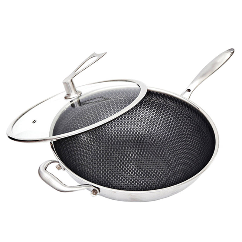 34cm 18/10 Stainless Steel Tri Ply Frying Pan Textured Non Stick With Glass Lid