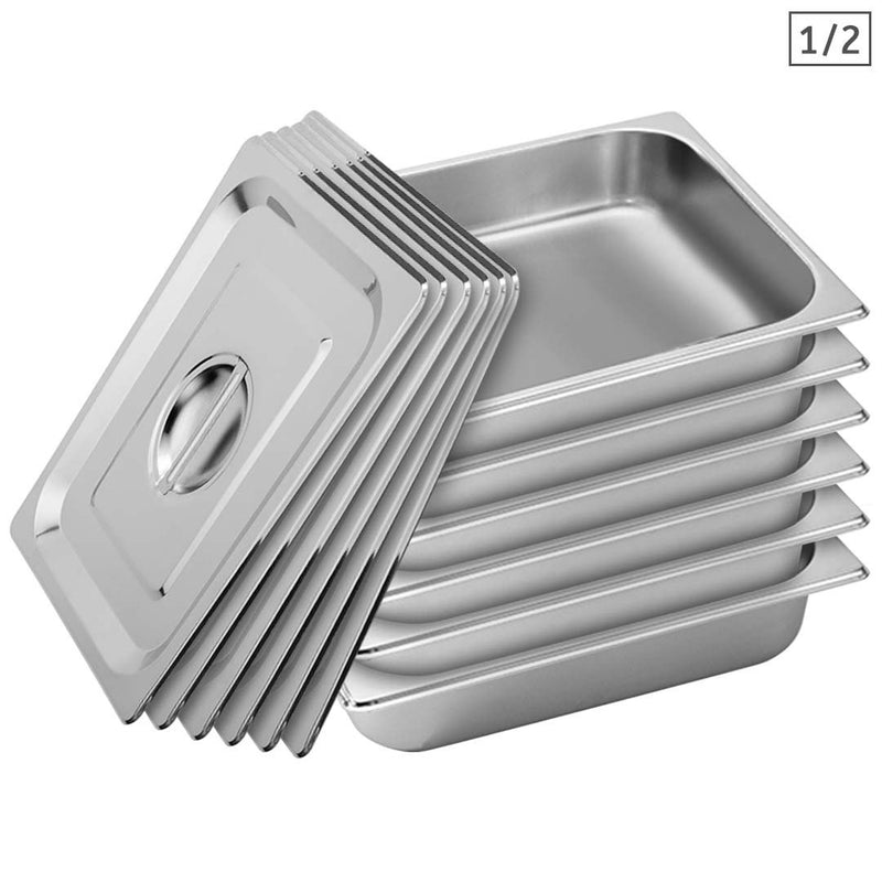 6X 1/2 GN Stainless Steel Pan 27x33x6.5cm Stackable With Lids