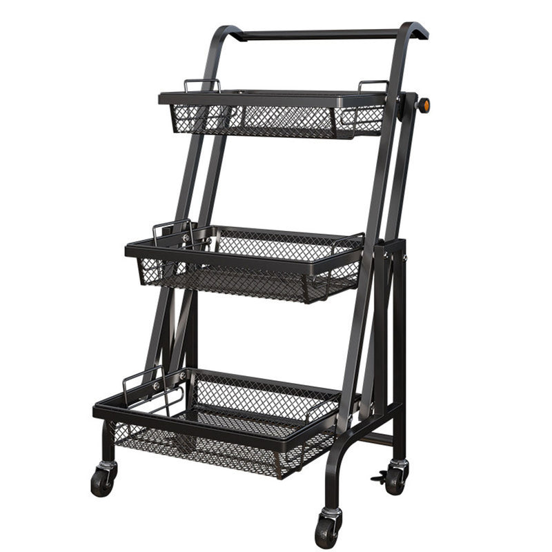3 Tier Carbon Steel Kitchen Cart Mesh Shelves Black Locking Wheels Adjustable