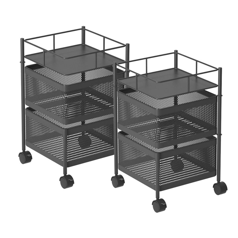 2X Square Rotating Kitchen Cart Carbon Steel 2 Tier Shelves Portable Black