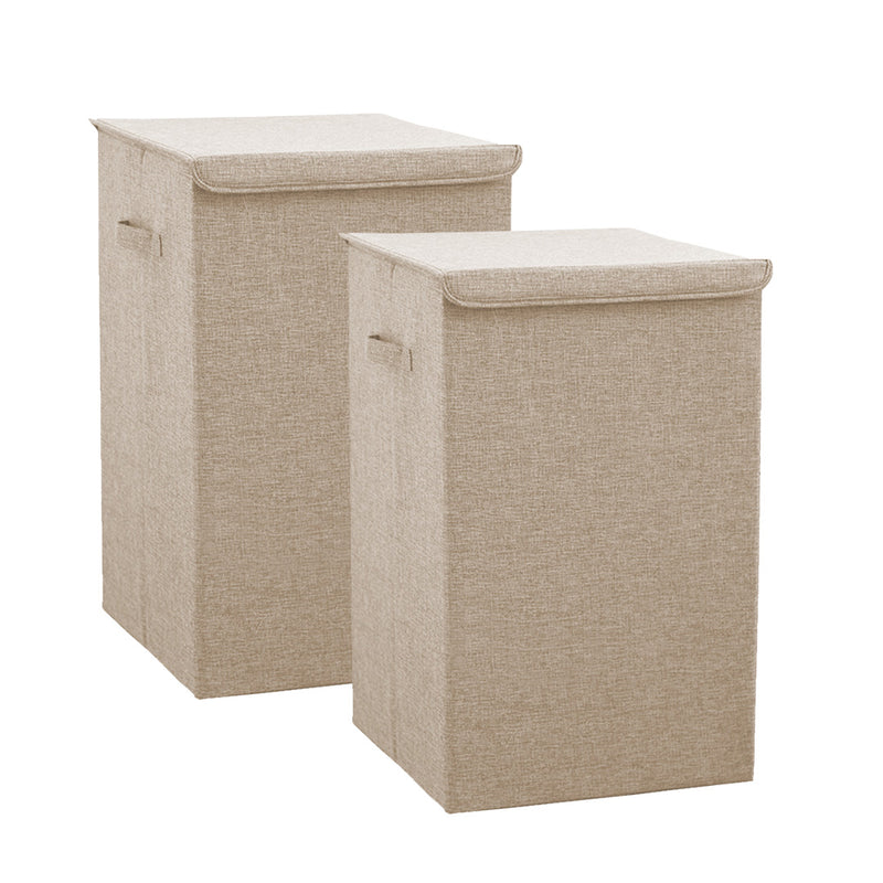 2X Beige Large Foldable Canvas Laundry Hamper Basket With Lid And Handle