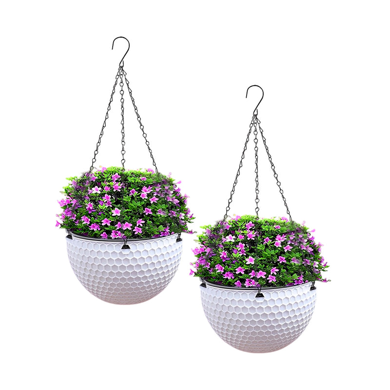 2X White Small Hanging Resin Plant Pot Self Watering Reservoir With Chain