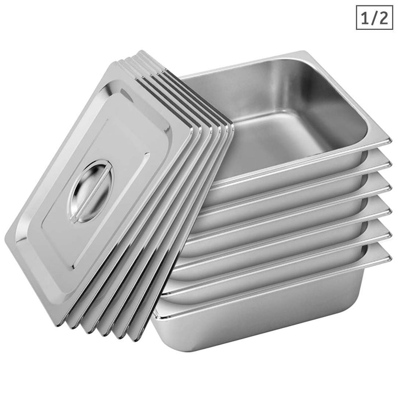 6X Full Size Gastronorm Pans 10cm Deep Stainless Steel Tray With Lids