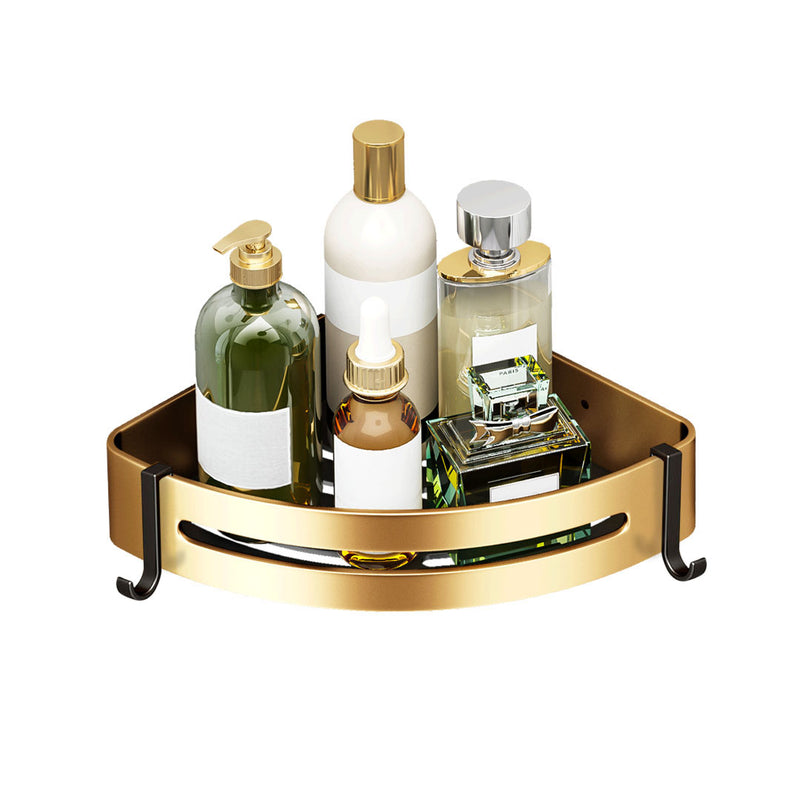 Wall Mounted Aluminum Corner Bathroom Shelf Rack 24.5x24x6cm Gold Adhesive Hooks