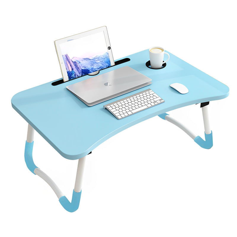 Blue Portable Bed Table Adjustable Foldable MDF Desk with Stand Cup Holder