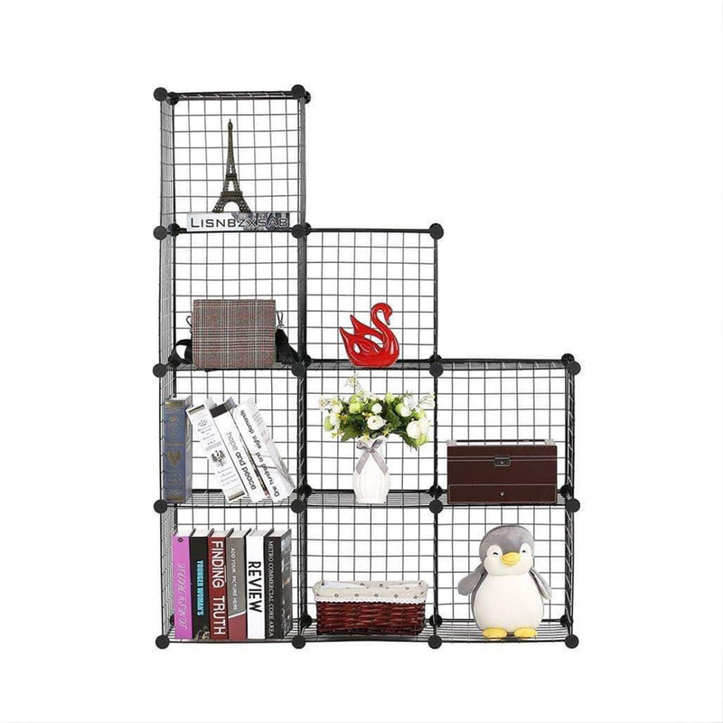 9 Cube 3 Column Iron Wire Mesh Storage Organizer Black 110.5x37x146cm Modular