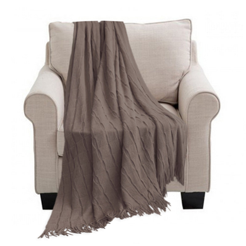 Textured Knitted Throw Blanket 100% Acrylic 130x170cm Coffee Tassels
