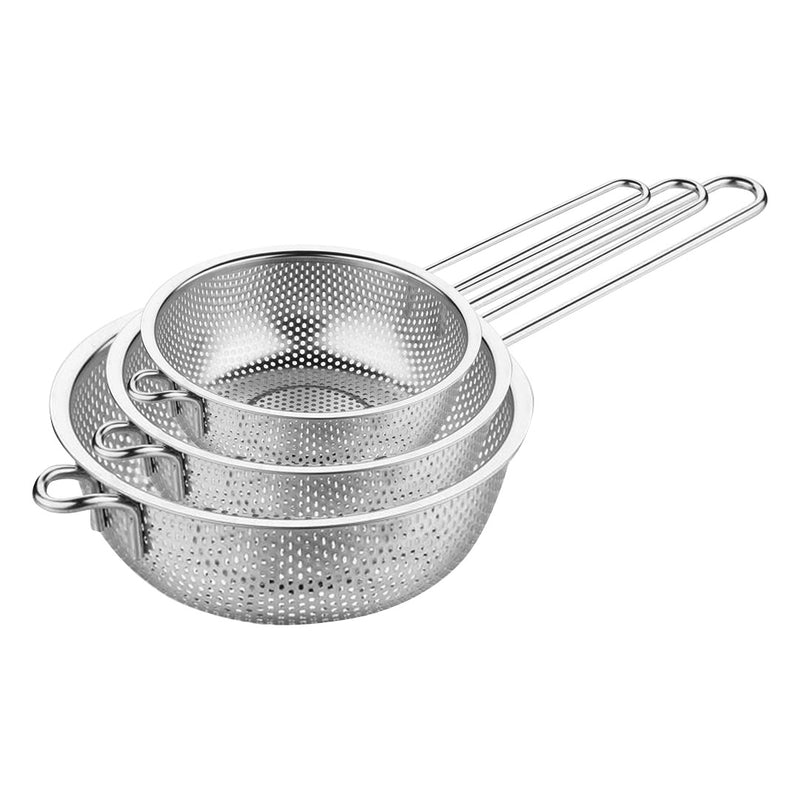 Stainless Steel Fine Mesh Colander Set 16.5cm 19.5cm 22.5cm Long Handle