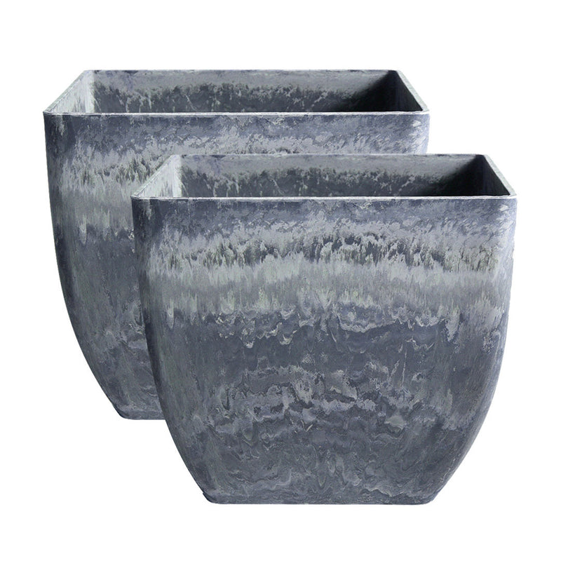2X 27cm Weathered Grey Square Resin Tapered Planter Indoor Cement Look