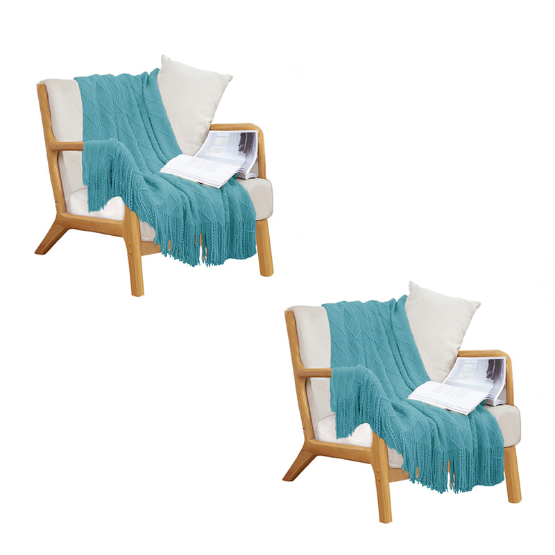 2X Teal Diamond Pattern Knitted Throw Blanket 100% Acrylic 130cmx170cm Tassels