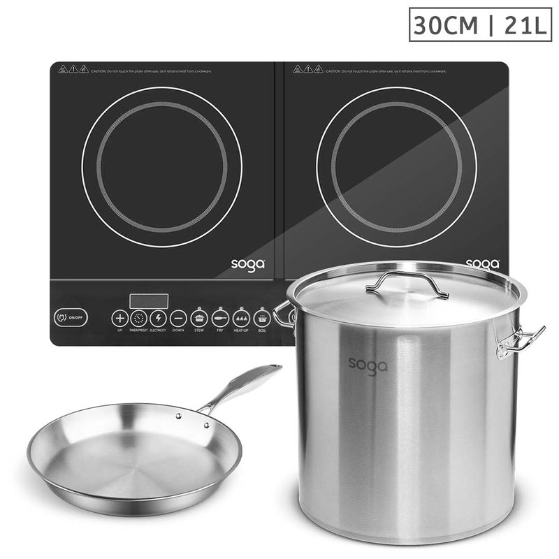 Dual Induction 2 Burner Cooktop 21L 30cm Stainless Steel Stockpot 30cm Frypan