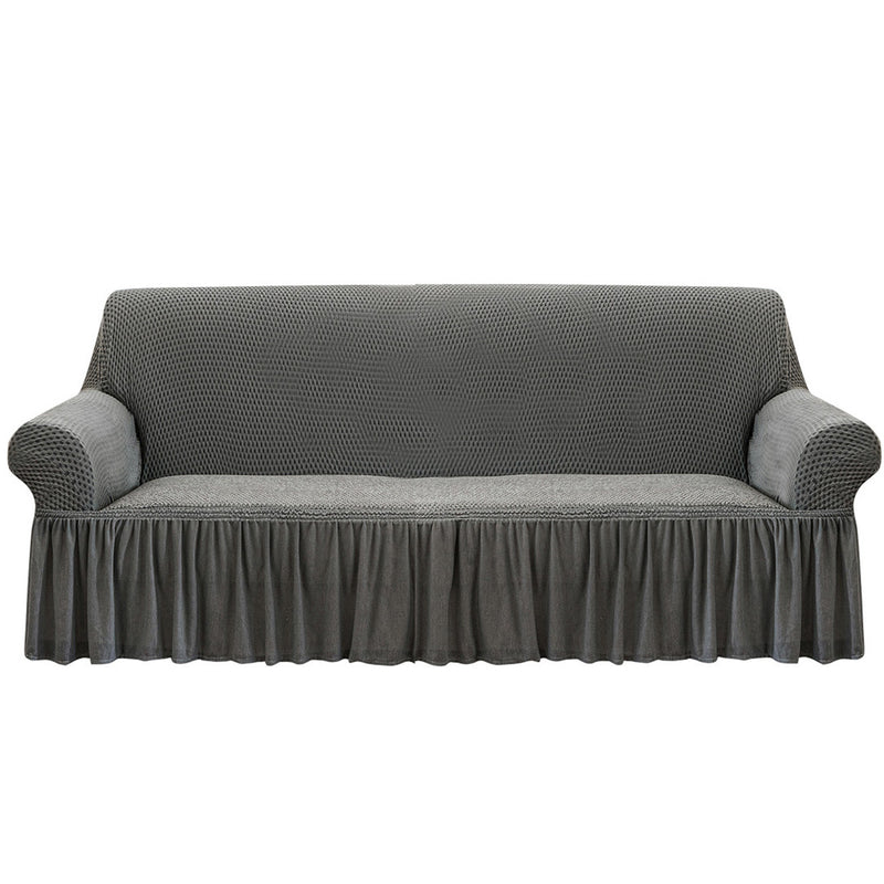 4-Seater Grey Polyester Sofa Cover With Ruffled Skirt High Stretch Protector