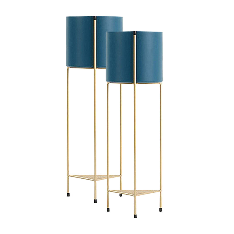2X Gold Metal Plant Stand with Blue Pot 2 Tier 81cm Indoor Outdoor Display