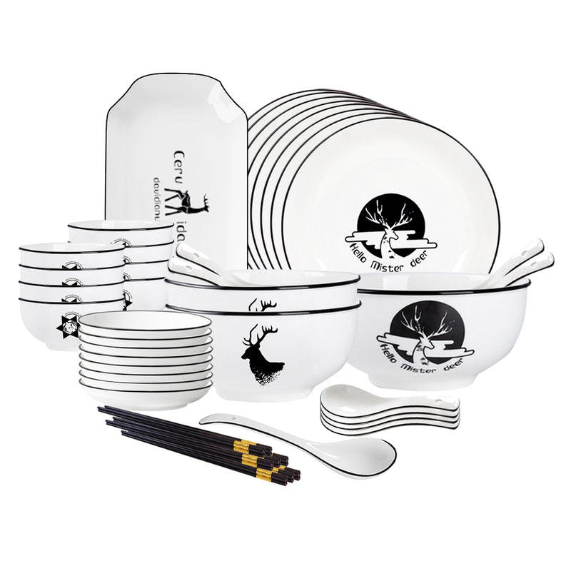 White Ceramic Dinnerware Set of 28 Bowls Plates Antler Design Stackable Eco-Friendly